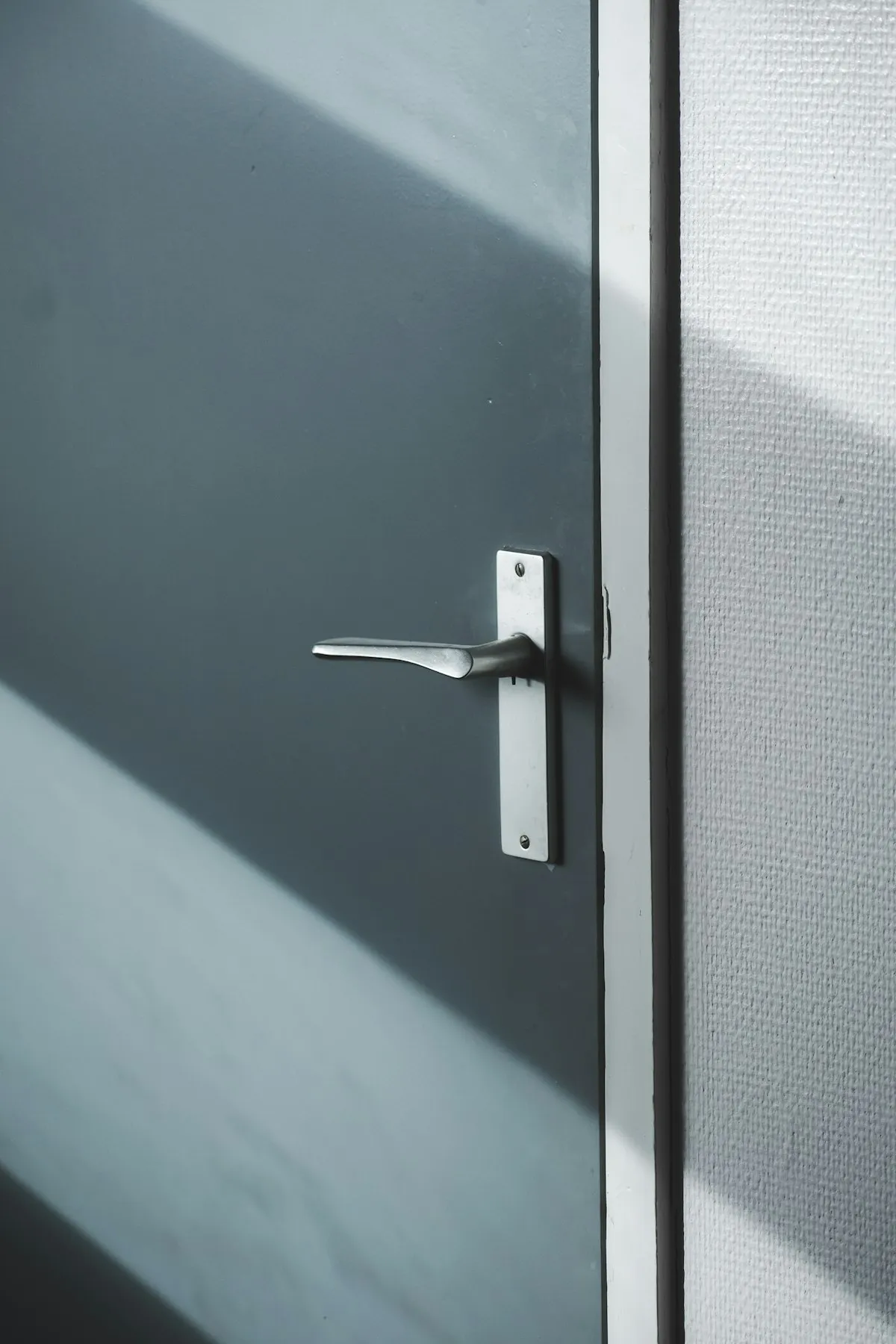 Chrome lever handle on a door